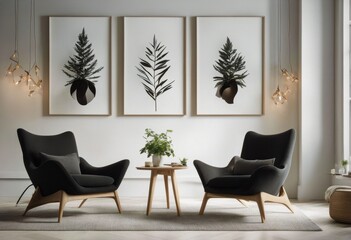 generative white wall room modern style frame Scandinavian interior big armchairs design room Created it Two living poster - obrazy, fototapety, plakaty