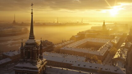 In February, the spire of the Peter and Paul Cathedral rises above the roofs of the Peter and Paul