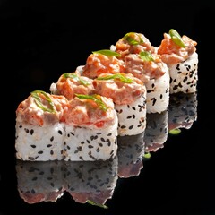 Japanese rice rolls with sesame seeds and salmon on a black mirror background.