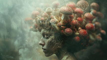 Surreal Portrait of a Translucent Head with Amanita Mushrooms Inside - obrazy, fototapety, plakaty