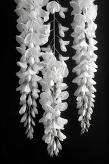 Monochrome macro art photograph of white wisteria on black