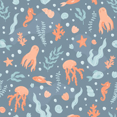 Cute pattern with cartoon sea animals, underwater life - octopus, jellyfish, seahorse. Vector seamless hand-drawn texture with sea elements on blue background.
