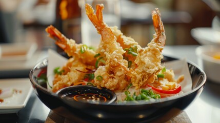 Tempura shrimp and vegetables served with dipping sauce, a crispy and flavorful dish - obrazy, fototapety, plakaty