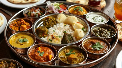 Traditional Indian thali filled with an assortment of aromatic curries, chutneys, and freshly baked naan bread.