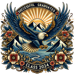 Graduation label design. Class of 2024. Congrats Graduates emblem with egle and mountain, sun and grad cap in flowers frame.