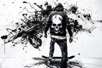 Skateboarder with skull on jacket on a skateboard on grunge background with black ink splatters. Graffiti concept