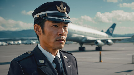 Portrait of Asian man pilot in uniform standing in front of airplane at airport, close up