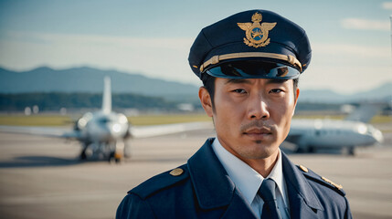 Portrait of Asian man pilot in uniform standing in front of airplane at airport, close up