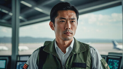 Portrait of Asian man wearing uniform, working in air traffic control tower at airport, close up