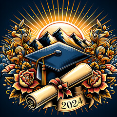 Graduation label design. Class of 2024. Congrats Graduates emblem with mountain, sun and grad cap.
