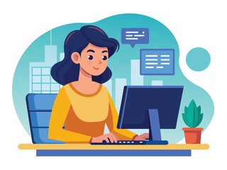 Woman programming. Dedicated professional at her office desk, Productive workspace  vector cartoon illustration.