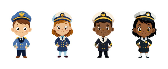Diverse group of cartoon children dressed as naval officers, vector illustration.