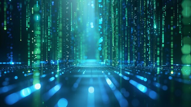 Binary rain falling through a blue and green digital space.