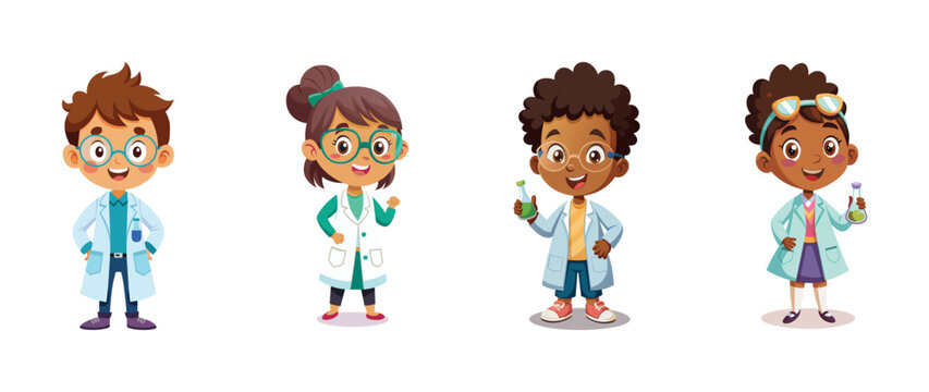 Cartoon children dressed as scientists with lab equipment, vector illustration.