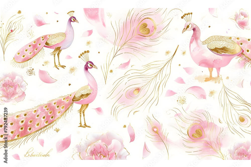 Wall mural set of watercolor peacock and feather illustrations in pink and gold tones against a white background