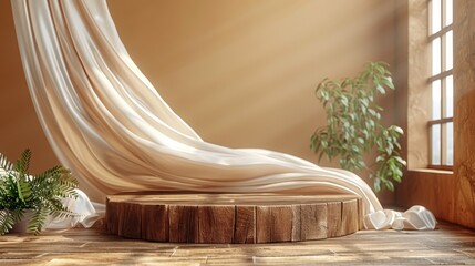 Wooden plinth and satin fabric floating on brown background. Luxurious product placement mockup with premium fashion and beauty stage platform template fabric.