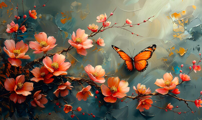 Vibrant Floral Blossoms and Butterfly, A Serene Springtime Tranquility - obrazy, fototapety, plakaty