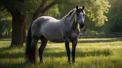 # Photorealistic Images prompt:"An elegant Arabian horse stands proudly in a lush green pasture. The horse is a stunning specimen, with a sleek coat and graceful curves. Its mane and tail flow gently 