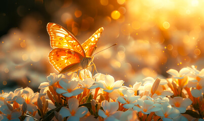 Golden Sunset Illuminating Butterfly on Jasmine Flowers - Tranquil Dawn with Blooms