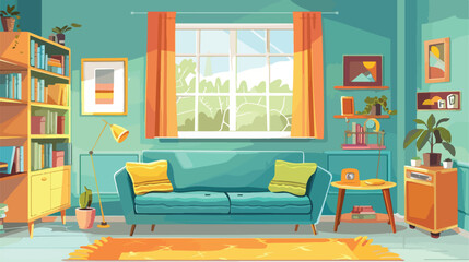 Flat retro living room with sofa window and bookcase.