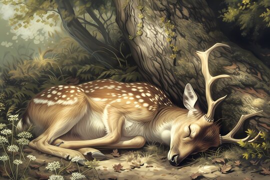 cartoon illustration, a deer is sleeping under a tree