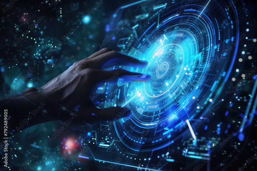Poster person's hand on a futuristic touch screen. digital interaction. background image. created with gene