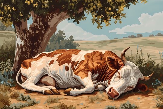 cartoon illustration, a cow is sleeping under a tree