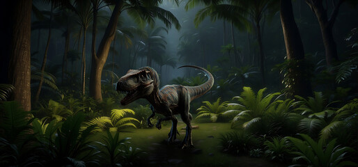 Tyrannosaur Rex in a Jurassic forest - obrazy, fototapety, plakaty