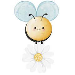 Watercolor cute bee flying with flower.