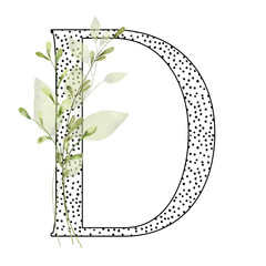 Letter D, floral monogram with watercolor leaf. Letterhead, initial perfectly for wedding invitation, greeting card, logo, poster and other design. Holiday design hand painting.