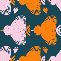 Seamless pattern with textured birds. Stamp technique. Vector background, design