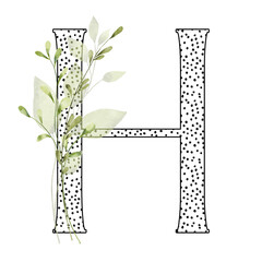 Letter H, floral monogram with watercolor leaf. Letterhead, initial perfectly for wedding invitation, greeting card, logo, poster and other design. Holiday design hand painting.