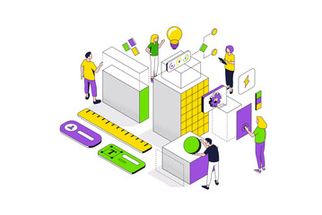 Development from beginnings abstract isometric concept. Business strategy, phased technology creation, system expansion, organization complication. Vector character illustration in isometric design - 792490856