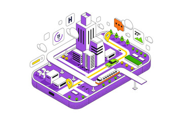 Maps and navigation online on mobile application, isometric city plan with road and buildings, GPS, World Map. Isometric smart city concept. 3d vector illustration. - 792491027