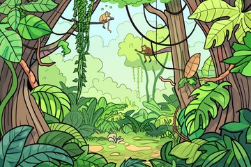 Naklejka premium Cartoon cute doodles of a lush rainforest with towering trees, exotic plants, and curious monkeys swinging from vine to vine, Generative AI