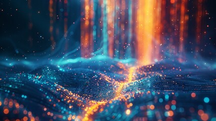 Blue and orange glowing particles form a digital landscape, represent data stream