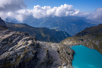 Aerial view of Mountain lake Wildsee on Pizol 5 lakes hike in Switzerland