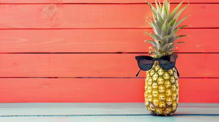Hipster pineapple with sunglasses against a living coral colored wood background. Minimal summer concept. - obrazy, fototapety, plakaty