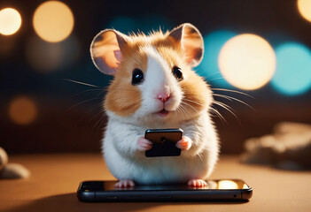 Cute cartoon hamster using a smartphone