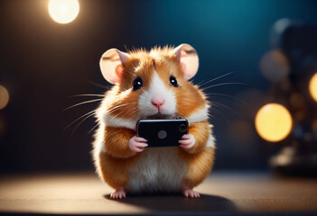 Cute cartoon hamster using a smartphone