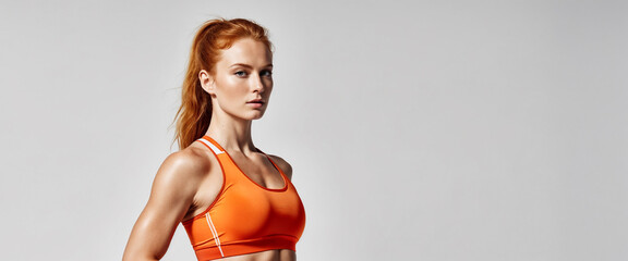 Young redhead Caucasian fit sexy woman in orange sportswear standing isolated on a gray background. Studio portrait of a healthy muscular female.