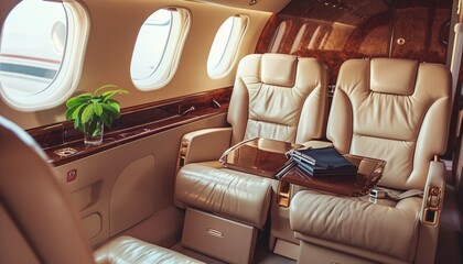 Elegant Private Jet Interior with Luxury Leather Seats