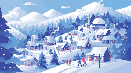 Ski Resort with Skiers. Mountain skiing map style b - obrazy, fototapety, plakaty