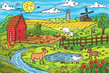 Cartoon cute doodles of a peaceful countryside farm with barns, fields of crops, and friendly farm animals grazing in the pasture, Generative AI
