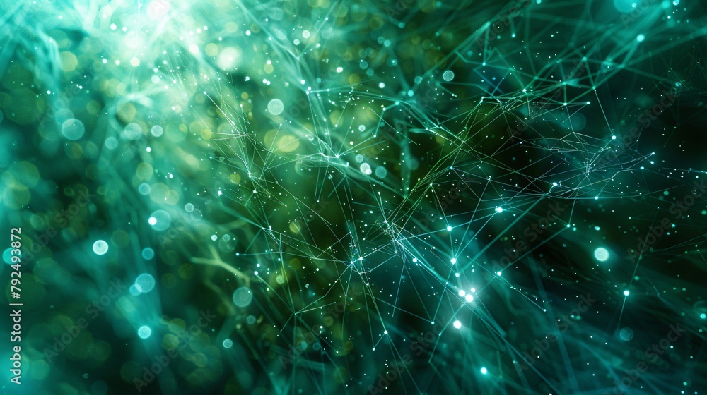 Aufkleber green glowing neural data network with bokeh lights