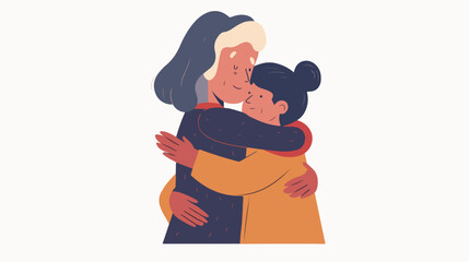 Grandmother embraces granddaughter. Vector flat illustration