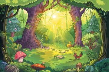 Cartoon cute doodles of a peaceful forest setting with sunlight filtering through the trees, mushrooms, and friendly woodland creatures, Generative AI