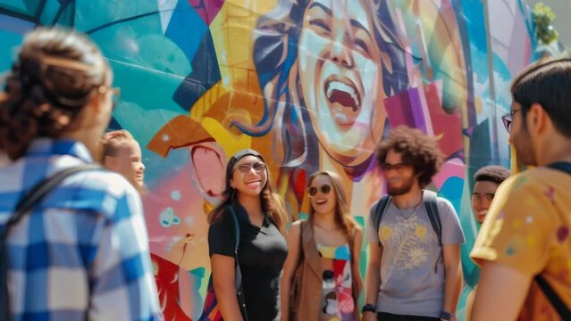 A diverse group of young people from different ethnic backgrounds gathered together in front of a vibrant, colorful graffiti wall. 