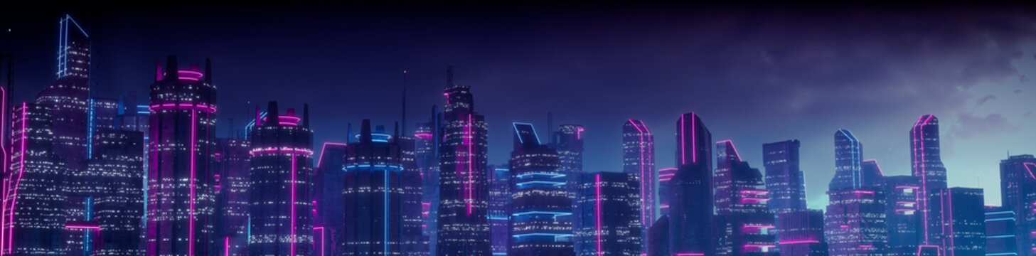 Futuristic Cityscape with Blue and Pink Neon lights. Night scene with Advanced Architecture.