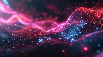 Pink and blue glowing particles form waves in a dark background. - obrazy, fototapety, plakaty